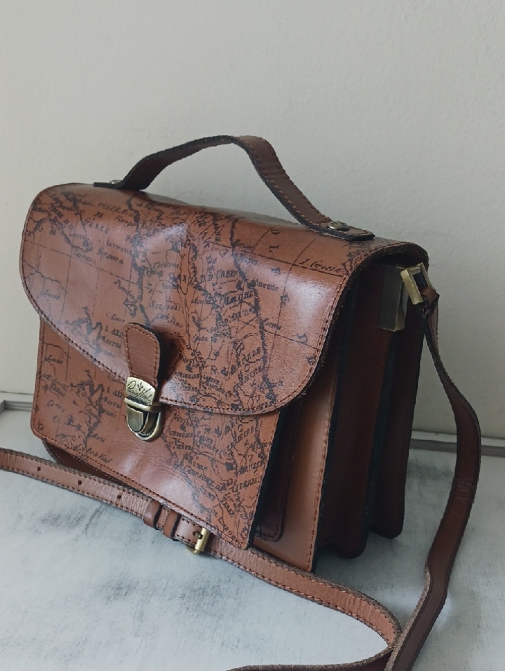 Patricia NASH Digione Riot Rust Map-Print Brown Leather Crossbody Satchel - Picture 2 of 10